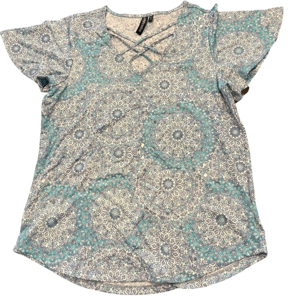 Zoe‎ + Phoebe Blue Paisley Medallion Print Top Short Sleeve Womens Small NEW